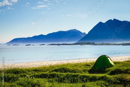 Seascape with tent on beach  Lofoten Norway