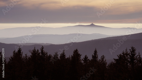 Jested Mountain tower silhouette above clouds, Liberec, Czech Republic
