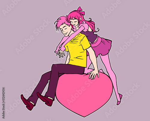 Original cartoon anime illustration of two cute young people, woman and man in love hugging each other tenderly