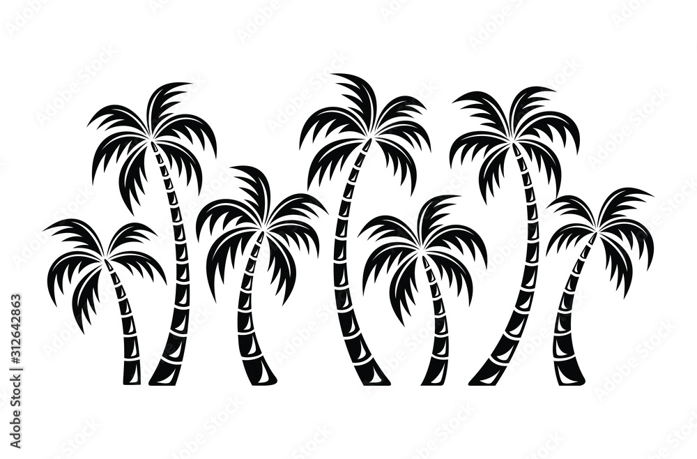set black palm trees on white background set black palm trees on white background