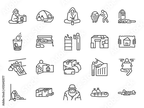 Homeless line icon set. Included icons as poor, empty, homelessness, living on the streets, trash, abandon and more. photo