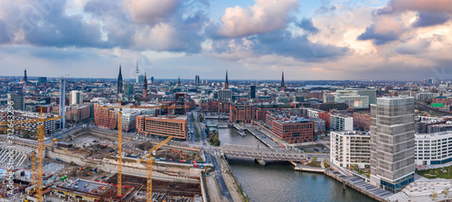 Aerial drone panoramic view of port of Hamburg from above before sunset with ...