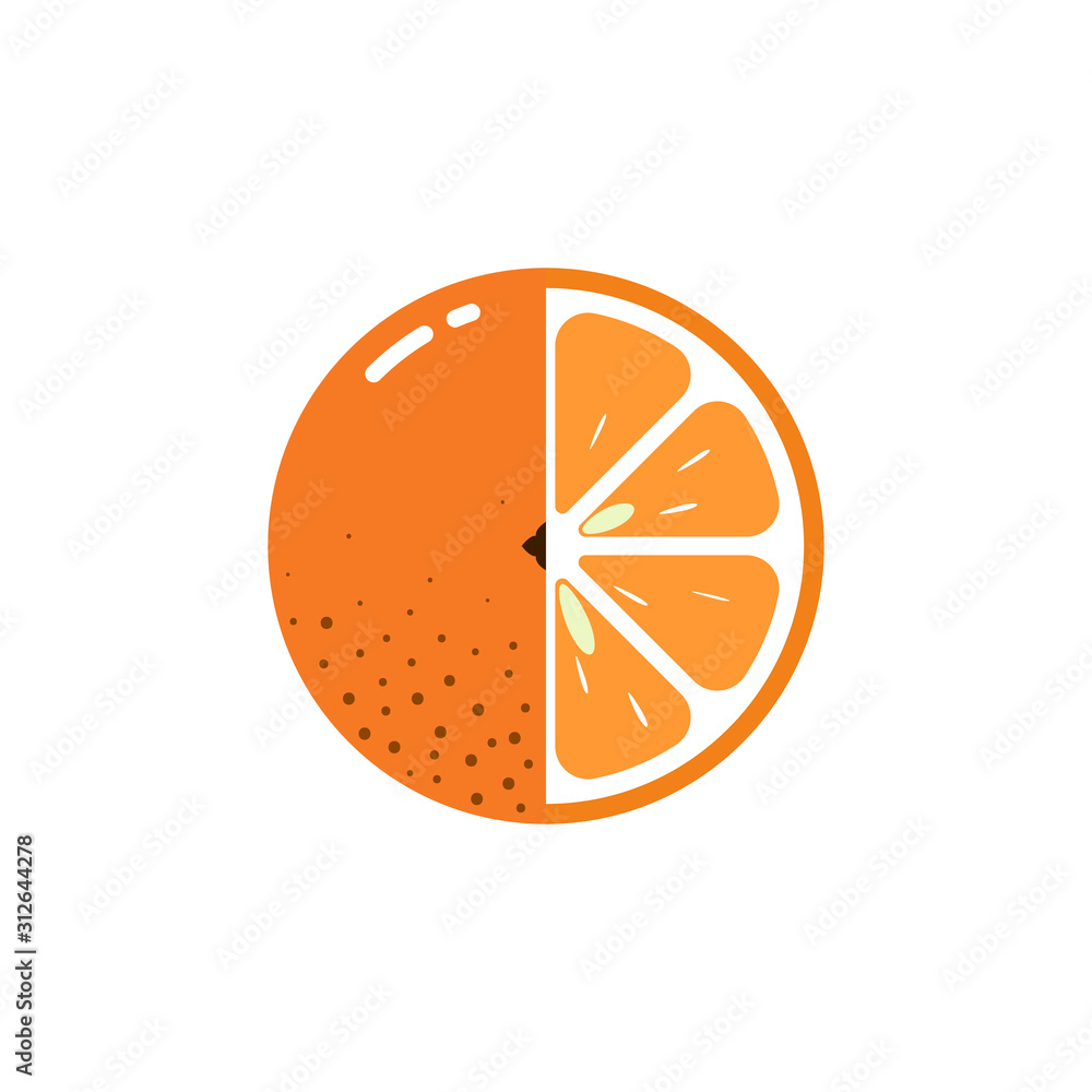 Orange fruit sphere with half slice logo, flat icon design template concept isolated on white background Orange fruit sphere with half slice logo, flat icon design template concept isolated on white background