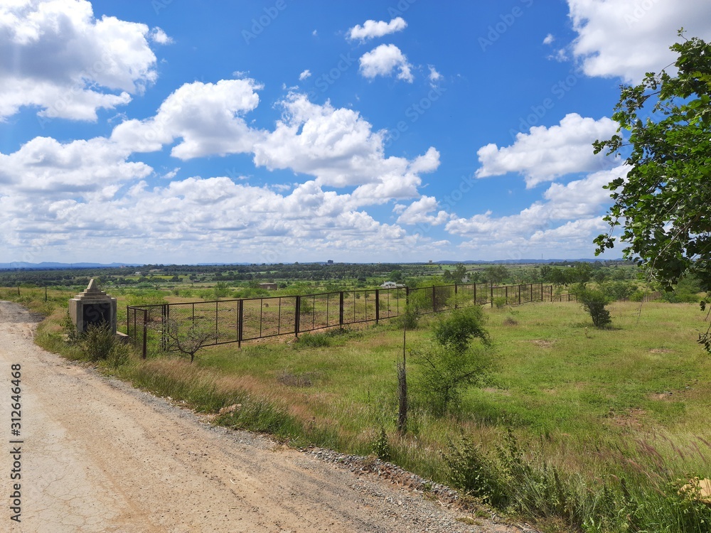 rural landscape with wooden fence and blue sky