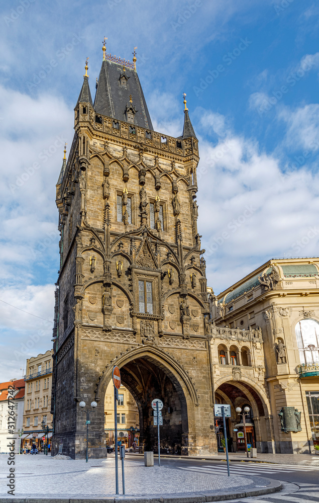Powder Tower  medieval gothic city gate in Prague, Czech Republic