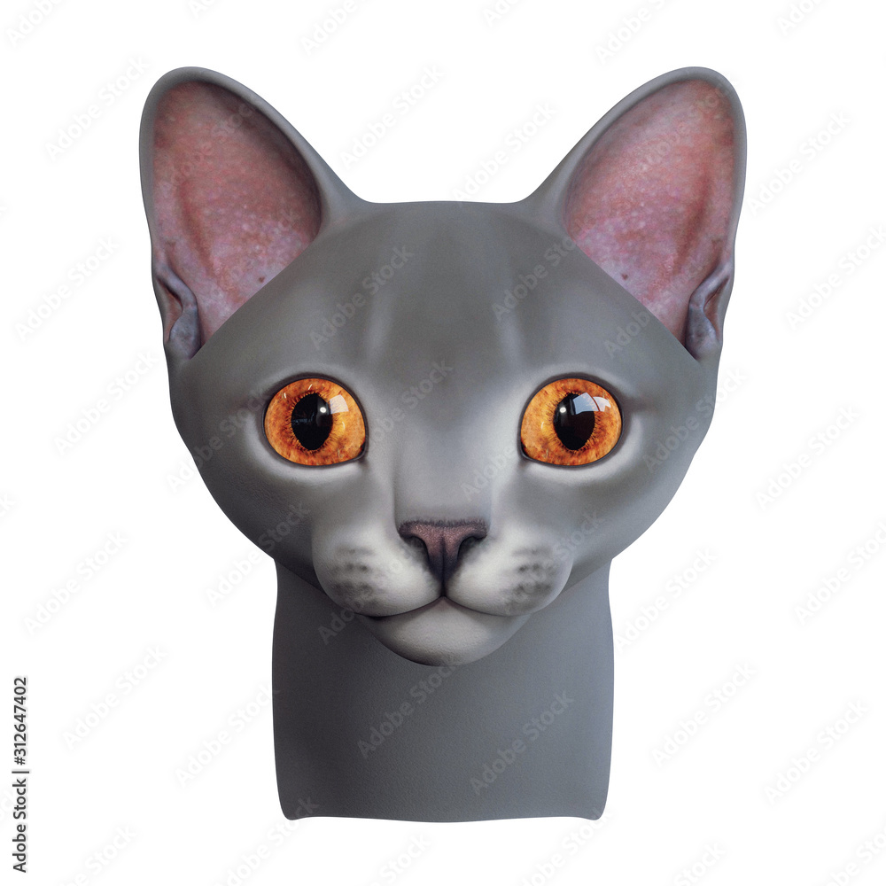 Head of a cute british grey cat with wide open orange eyes. Glorious face of shorthair cat. Character design cartoon funny cat. Animal portrait. 3d digital illustration isolated on white background