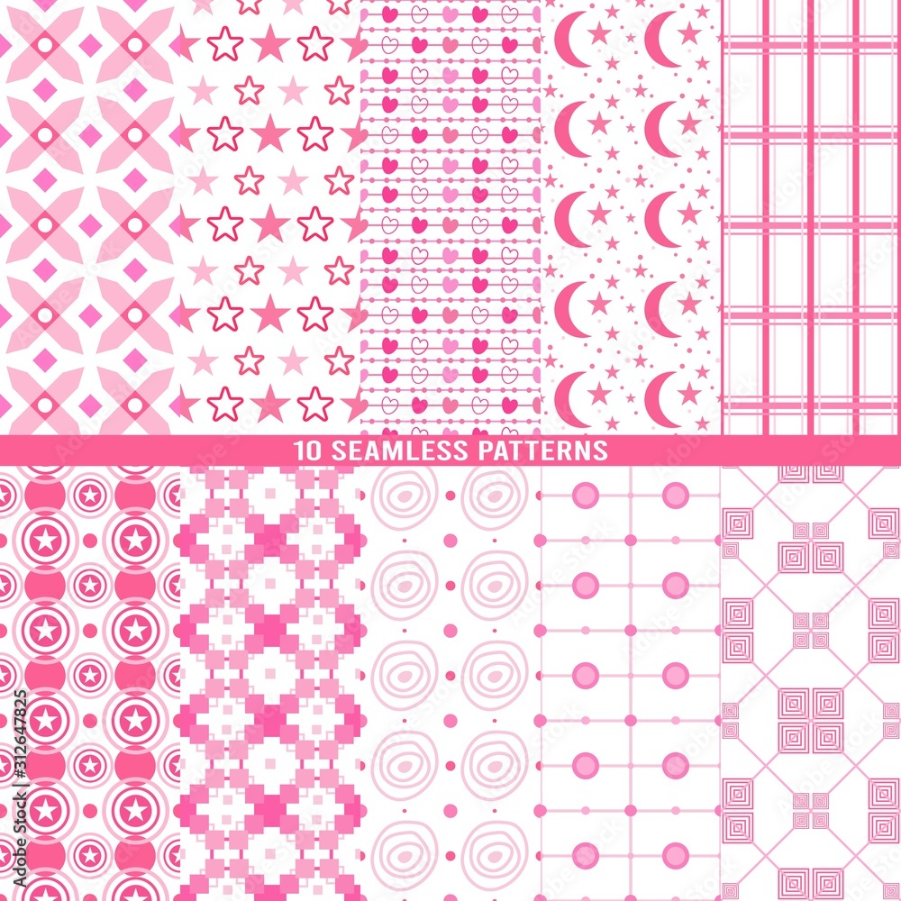 Seamless geometric patterns set collection of 10 Pink Color, Endless texture can be used for sweet romantic wallpaper or wrapping Seamless geometric patterns set collection of 10 Pink Color, Endless texture can be used for sweet romantic wallpaper or wrapping