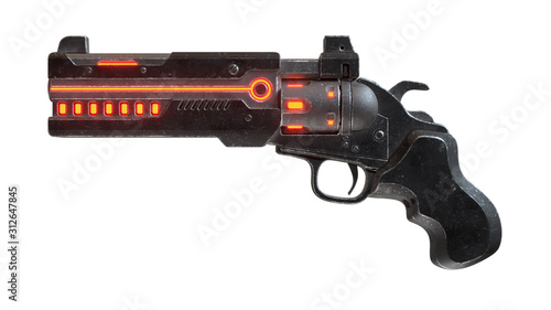 3d illustration of sci-fi futuristic weapon isolated on white background. Science fiction military laser gun. Concept design of high-tech cyberpunk luminous firearm with black color scratched metal photo