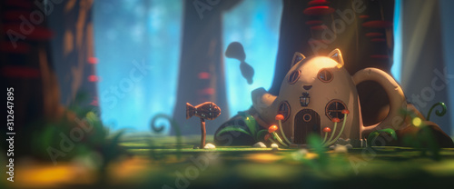 Fototapeta Naklejka Na Ścianę i Meble -  Fairy teapot cat house in magic forest with rays of sunlight. Landscape with mushrooms on trees and path in the forest to a cartoon house with a wooden fish sign. 3d illustration of the game location