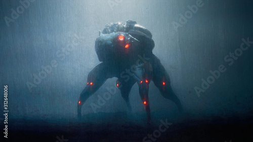 Digital illustration of cyberpunk scary monster spider standing in the night scene with rain. Silhouette of futuristic post apocalypse spider robot. Concept art science fiction creepy alien character. photo