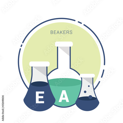 Chemistry beakers with Erlenmeyer flask and test tube holding chemicals flat vector icon