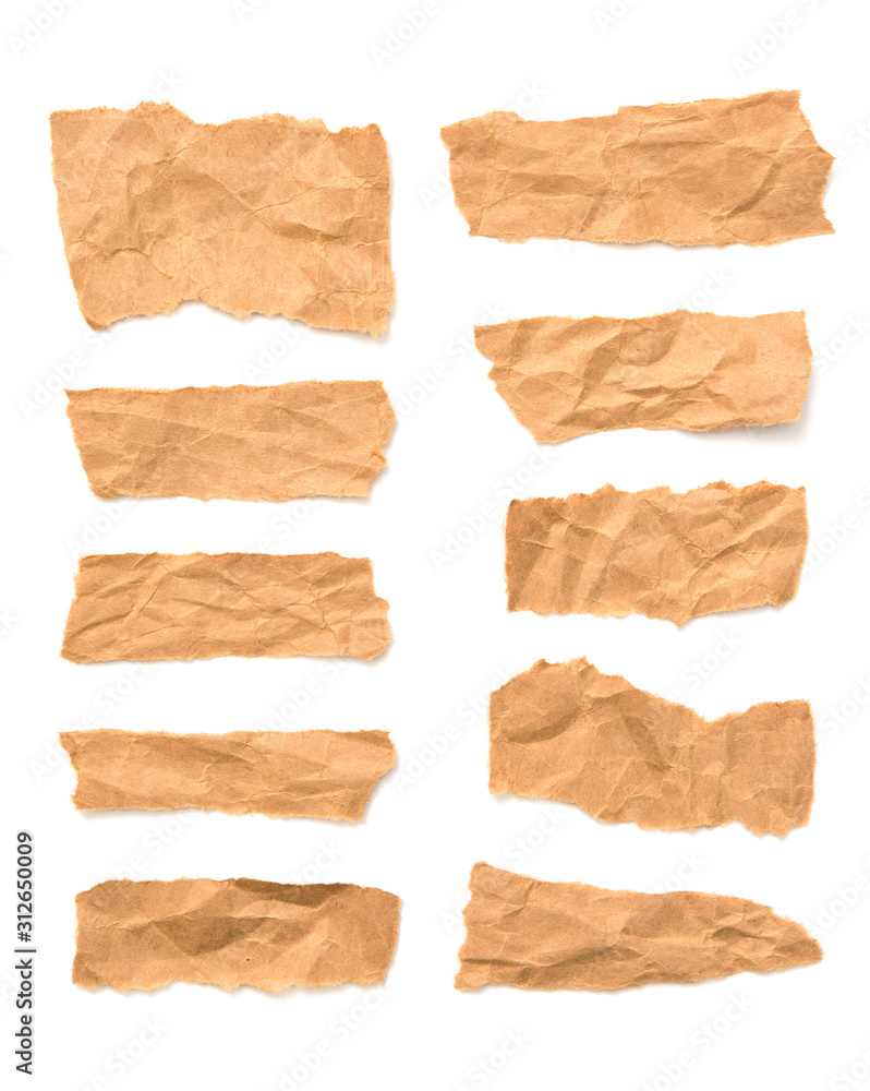 Collection crumpled brown paper torn on white background