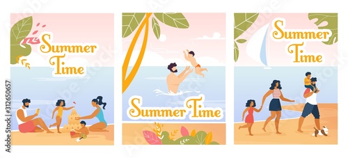 Family Summer Time Flyers and Cards Cartoon Set