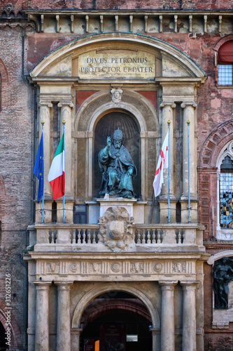 Bologna - Italy  December 2019  touristic city landscape  Gregorius XIII monument  d Accursio palace