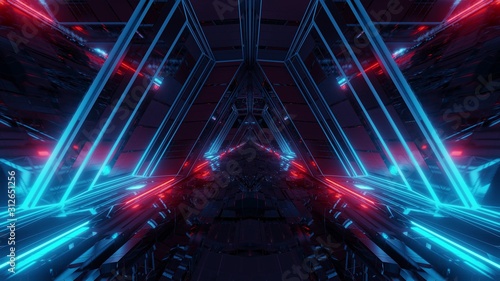 futuristic sci-fi space war ship hangar tunnel corridor with reflective glass windows 3d illustration background wallpaper photo