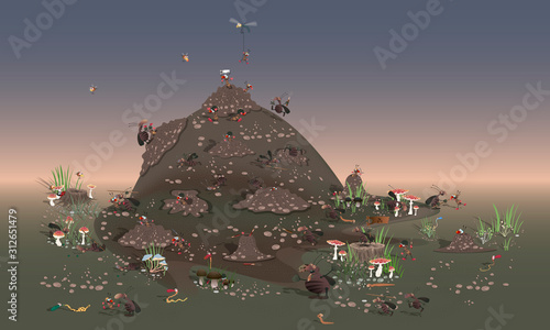 Hordes of cockroaches attack the anthill. Large-scale battle of insects. Vector version in cartoon caricature style.