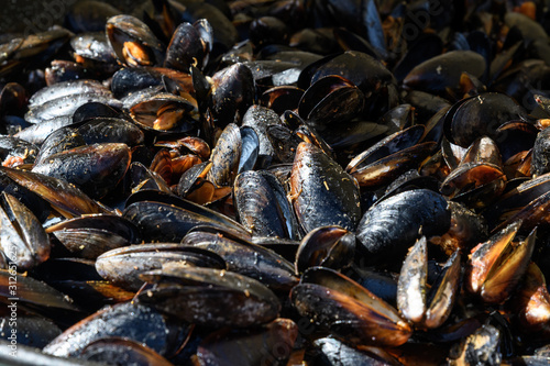 Close up of cooked mussels at a street food festival, ready to eat seafood photographed with soft focus