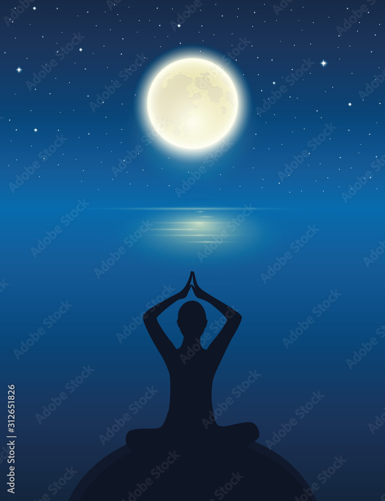 yoga meditating person silhouette by the ocean with full moon and starry sky vector illustration EPS10 yoga meditating person silhouette by the ocean with full moon and starry sky vector illustration EPS10