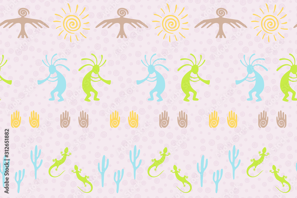 Obraz premium Mythical, design with lizard, Kokopelli fertility deity, sun, eagle, cacti.