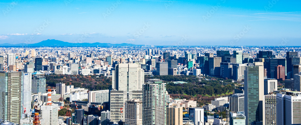 Obraz premium Tokio błękitne niebo i szeroki krajobraz miasta
