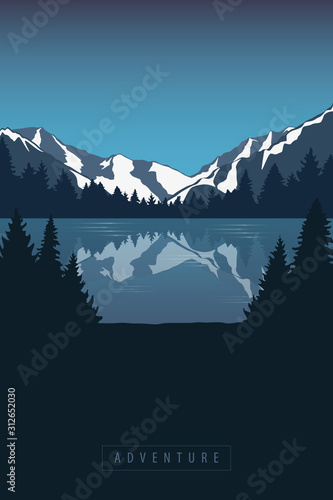 adventure in the mountains by the lake in the wilderness landscape vector illustration EPS10