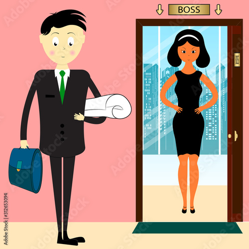 the young man and his boss. young specialist in front of the door of the chief. startup new business project. yong businessman with briefcase. business lady vector illustration.
