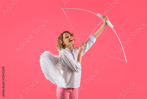 Valentines day cupid. Cupid angel with bow and arrow. Valentines Day concept. Arrow of love. Cupid in valentine day. Cupid shoot love arrow with bow for valentine day. Female angel with bow and arrow.