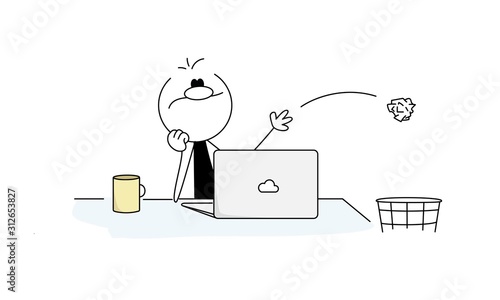 Businessman throws a crumpled paper ball into a basket. Man have no idea. 