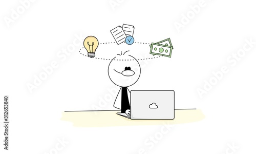 Doodle stick figure: Freelance work concept, brief job, project idea implementation, reward. Process steps revolve around the character's head.