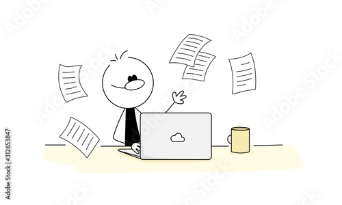 Doodle stick figure: blogging, creative writing, engaging content and content management. Outline blogger, writer typing texts for blog post. 