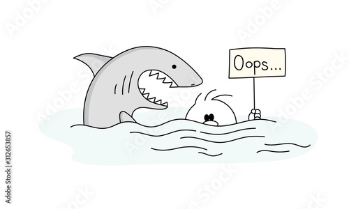 Cartoon figure of a man with a sign in his hand and a dangerous giant shark with his mouth open, ready to devour him.