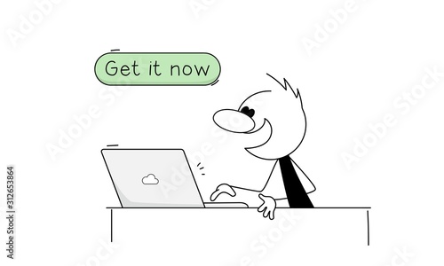 Doodle stick figure: CTA, the person is ready to press the call to action button. Inbound or approving marketing, transformation concept