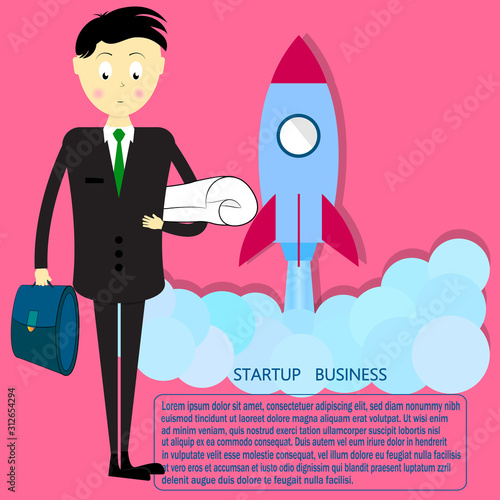 startup new business project. yong businessman with briefcase. startup business banner with space rocket. vector illustration.