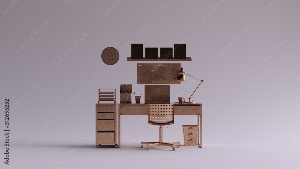 Obraz premium Bronze Home Office with Shelves an Clock 3d illustration 3d rendering