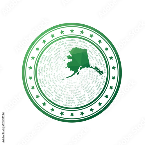 Flat low poly stamp of Alaska. Polygonal Alaska badge. Trendy vector logo of the US state.