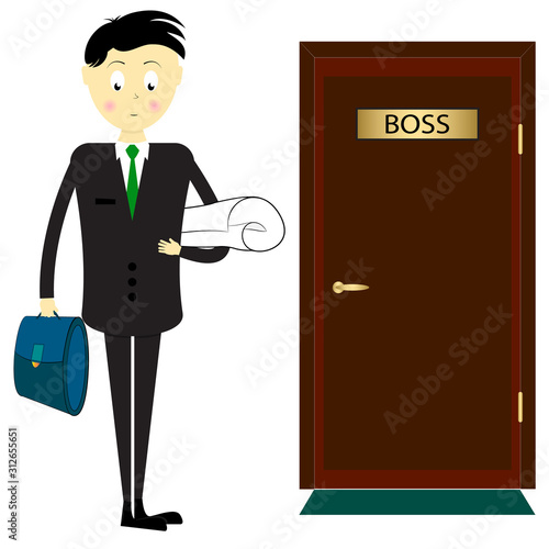 young specialist in front of the door of the chief. startup new business project. yong businessman with briefcase. vector illustration.