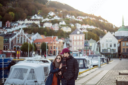Couple of love is enjoying travel  in Bergen, Norway © tonefotografia