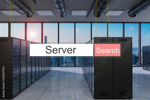 server in red search bar large modern server room skyline view support, 3D Illustration