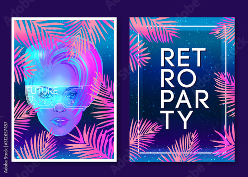 Futuristic synth wave style. Retroparty flyer template. Portrait of a young pretty androgynous woman with short shaved pixie undercut in retro futurism style. Vector illustration in neon bright color