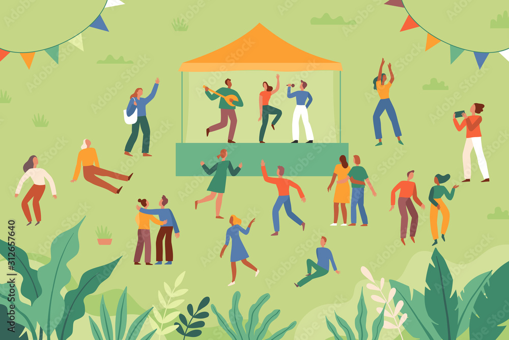 Vector illustration in flat cartoon simple style with characters - open air music summer festival - happy people dancing and band performing in the park