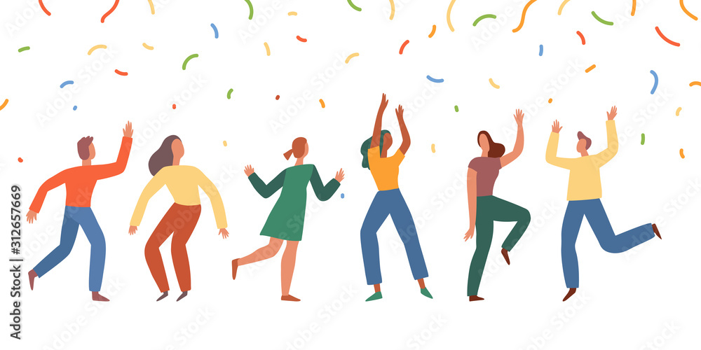 Vector illustration in flat simple style - happy jumping team - smiling men and women dancing - victory, teamwork and cooperation concept - happy and joyful people Vector illustration in flat simple style - happy jumping team - smiling men and women dancing - victory, teamwork and cooperation concept - happy and joyful people