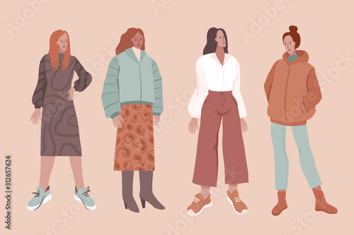 Fashion vector illustration in simple flat style - stylish girls in modern outfits with ugly sneakers - female character