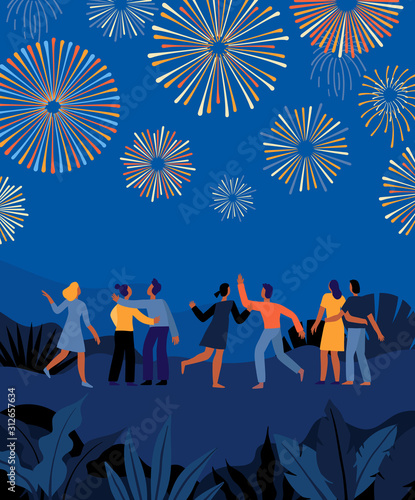 Vector illustration in flat cartoon simple style with characters - people watching fireworks exploding in the night sky