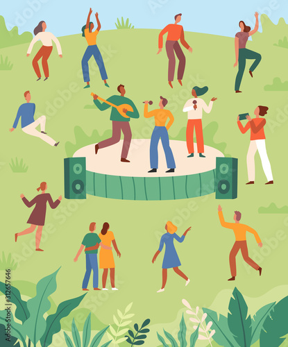 Vector illustration in flat cartoon simple style with characters - open air music summer festival - happy people dancing and band performing in the park