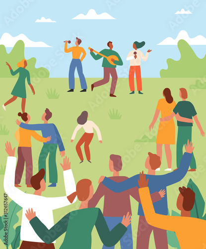 Vector illustration in flat cartoon simple style with characters - open air music summer festival - happy people dancing and band performing in the park