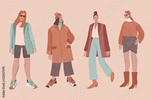 Fashion vector illustration in simple flat style - stylish girls in modern outfits with ugly sneakers - female character