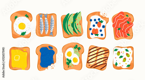 Tasty breakfast. Healthy food concept. Various toasts. Fried and steamed eggs, fish, salmon, avocado slices, sweet berries, butter, jam, chocolate banana, olives, cream cheese. Colored Vector set