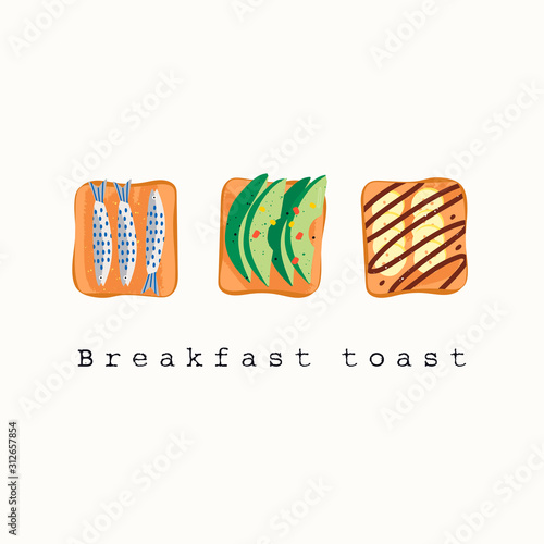 Tasty breakfast toast. Healthy food concept. Various three toasts. Anchovy, avocado slices, banana, chocolate. Hand drawn Colored Vector illustration 