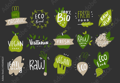 Vegan, fresh, bio, raw, eco, organic and healthy logos and icons, labels, tags, badges. Hand drawn vector set of fruits and vegetables. Chalkboard style. Flat design. Everything is isolated