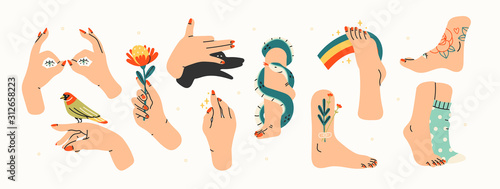 Female hands. Hands with bird and flower. Shadow puppet barking dog. Female legs and feet. Side view. Snake wrapped around neck. Flowers, rainbow, tattoos, socks. Hand drawn big vector set